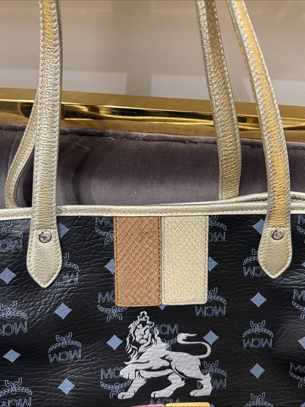 MCM Black Logo Tote with Pink and Yellow Stripe and Silver/Gold Trim - Picture 5 of 10